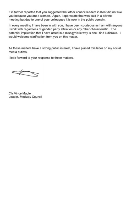 BBC’s Michael Keohan: ‘The leader of Medway Council Vince Maple [Labour] writes publicly to KCC leader Linden Kemkaran. 

He calls her comments about council leaders disrespectful and asks for clarity over claims of misogyny.