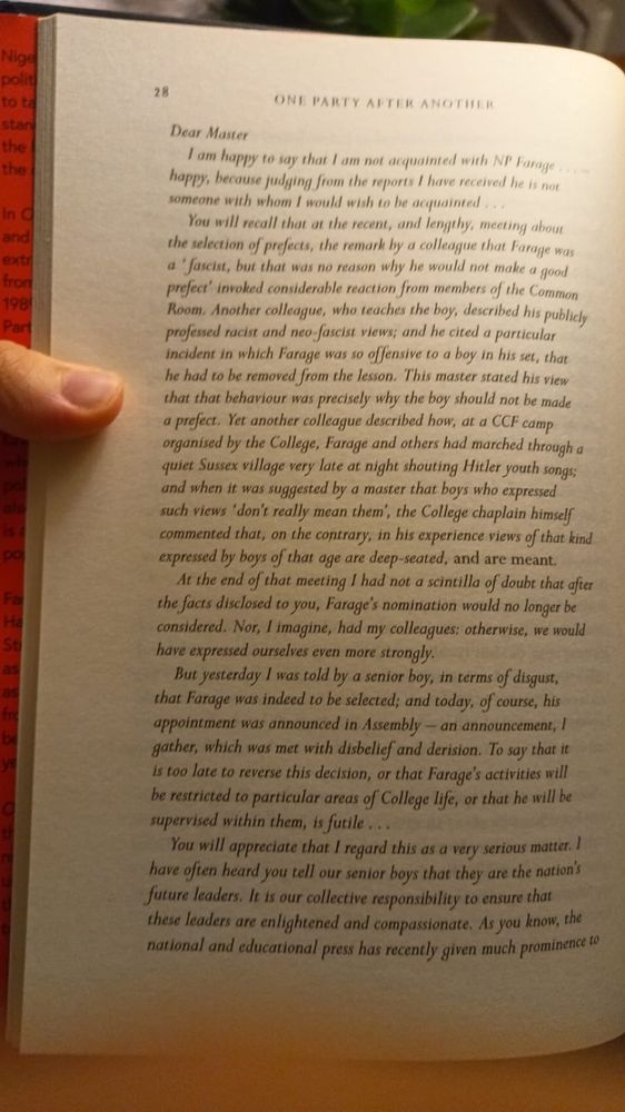 Michael Crick, journalist: ‘Today's accusation by David Lammy about Farage & the Hitler Youth probably stems from a story I did years ago about a teacher at Dulwich College writing to the headmaster to say Farage was unsuitable to be a prefect since a colleague said he  had "neo-fascist" views.’