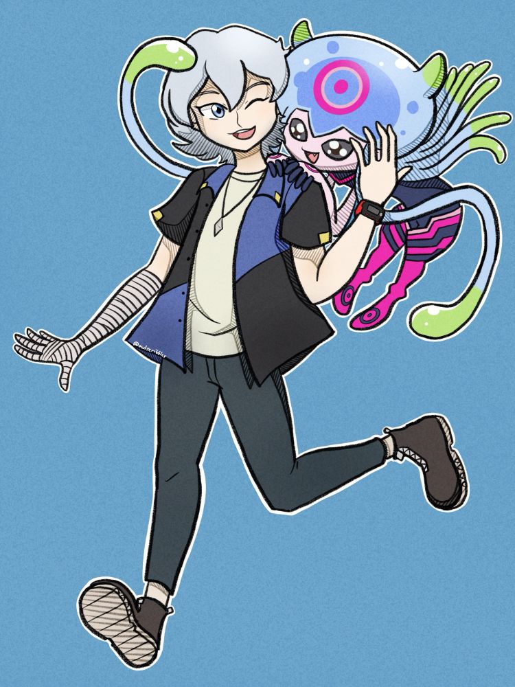 kiyoshiro and jellymon from digimon ghost game. kiyoshiro looks to be skipping along while jellymon hangs on his shoulder. 