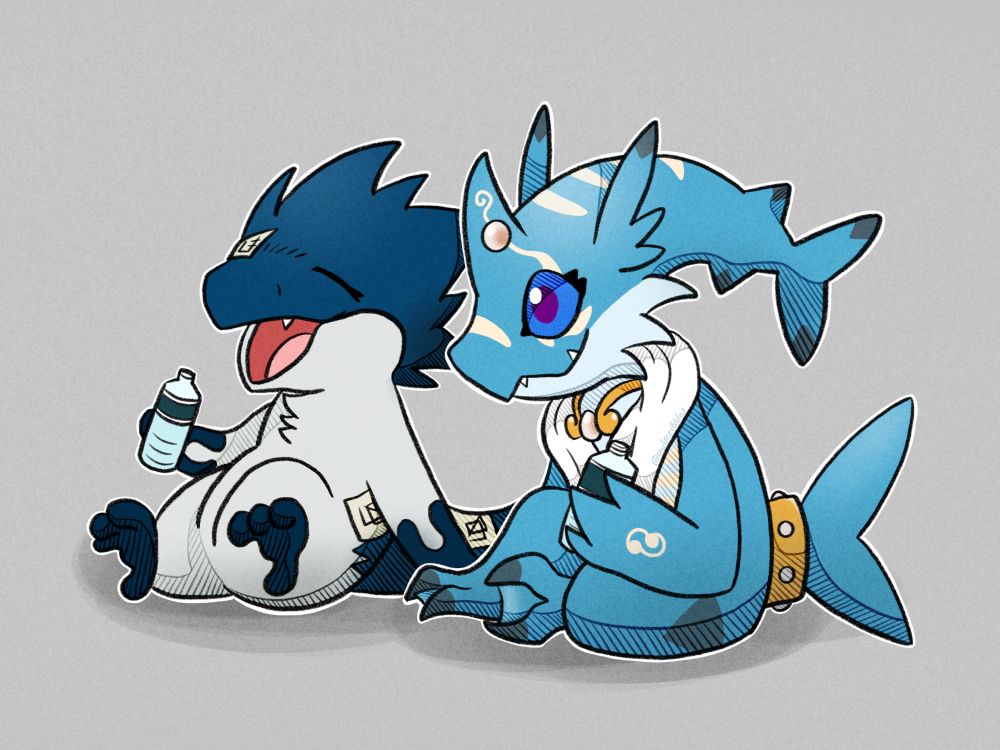 two original digimon sitting next to each other after a workout. the one on the left resembles a bird while the one on the right resembles a dolphin. 