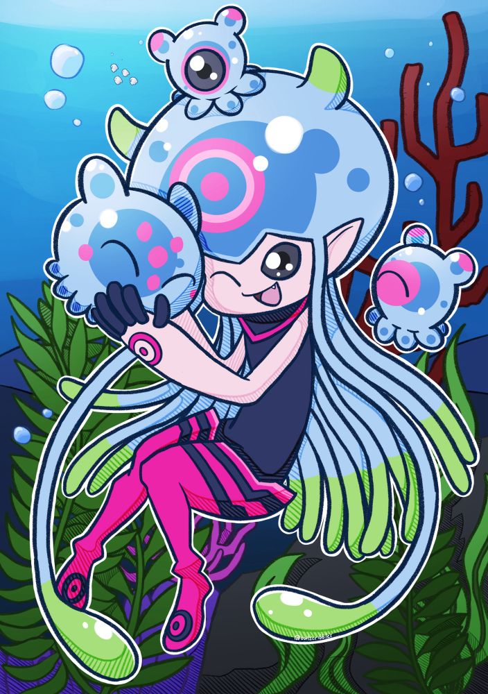 jellymon, puyoyomon, and two puyomon. jellymon is holding puyoyomon close to her face and nuzzling it and smiling. one puyomon is on jellymons head, and the other is looking up at her on the side. the background is an undersea scene, with coral and aquatic plants scattered around. four poyomon are swimming far away in the background.