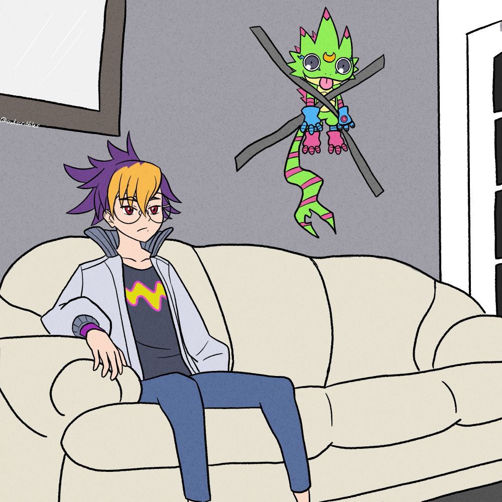 tomoro tenma from digimon beatbreak sitting on a couch with gekkomon taped to the wall next to him. 