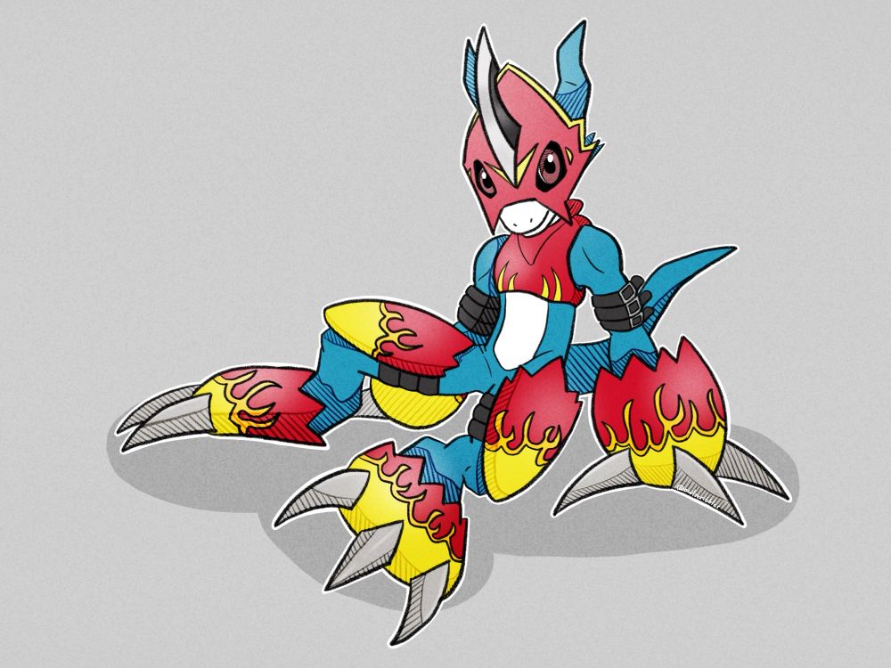 flamedramon from digimon sitting on the ground and smiling at the viewer 