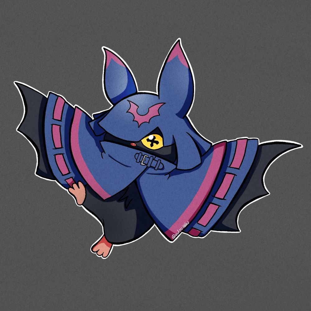 chiropmon, a bat digimon wearing a cloak covering its face and most of its body. it has one yellow eye poking out from under its hood. it is jumping with its wings out. 