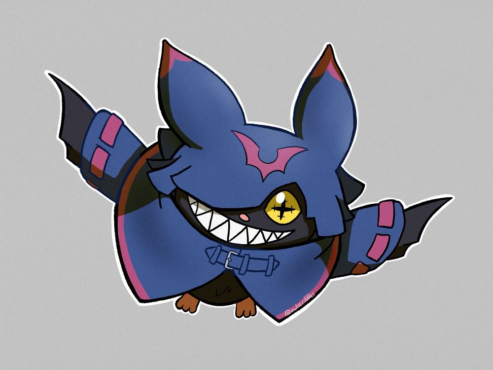 chiropmon from digimon beatbreak. he is flying towards the viewer and smiling, showing his teeth 