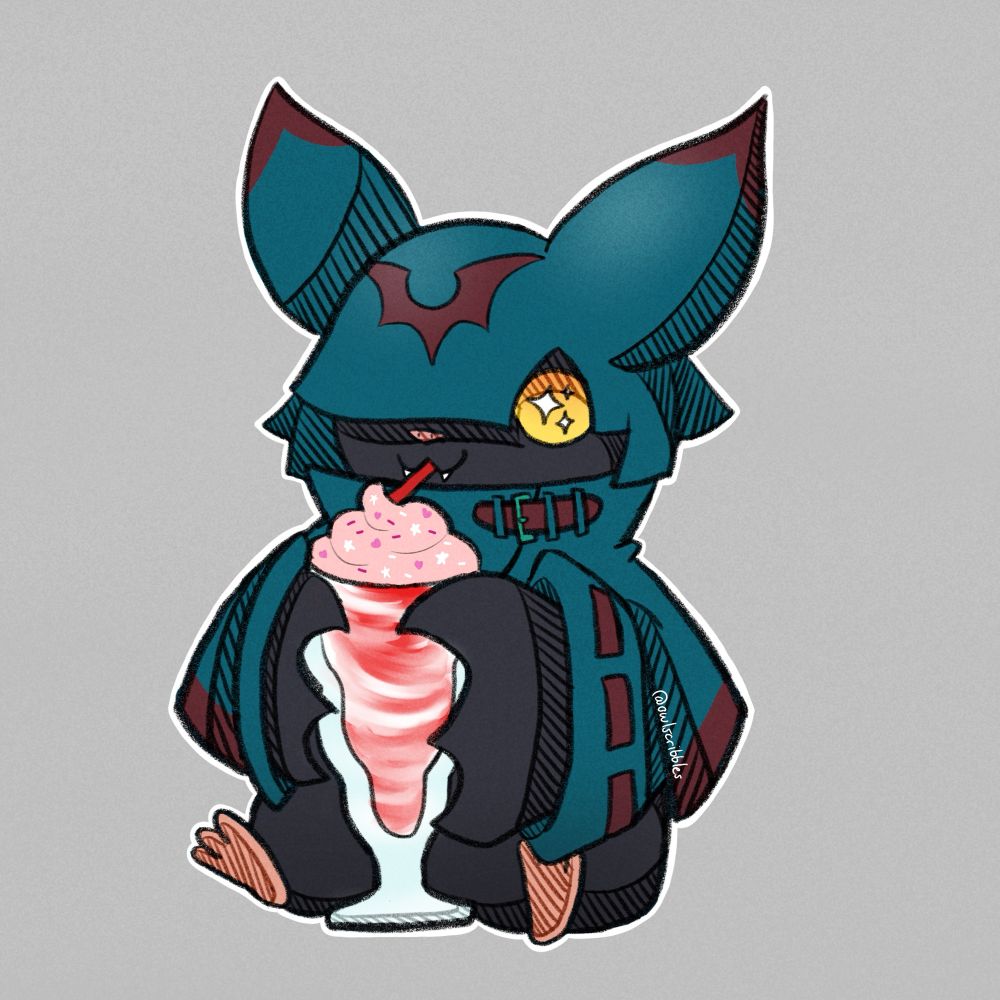 a chiropmon oc drinking a strawberries and cream milkshake