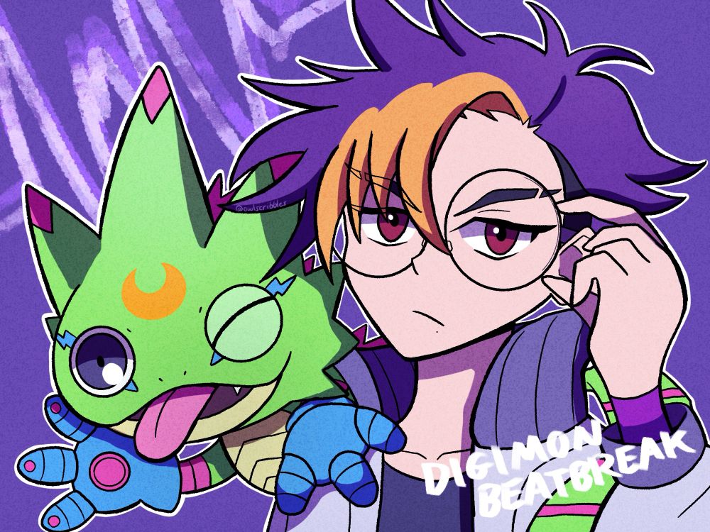 digital drawing of tomoro tenma and gekkomon from digimon beatbreak. tomoro is adjusting his glasses and gekkomon is hanging onto his shoulder and waving. there is a pulse effect in the background, and text in the bottom right corner says “digimon beatbreak”. 