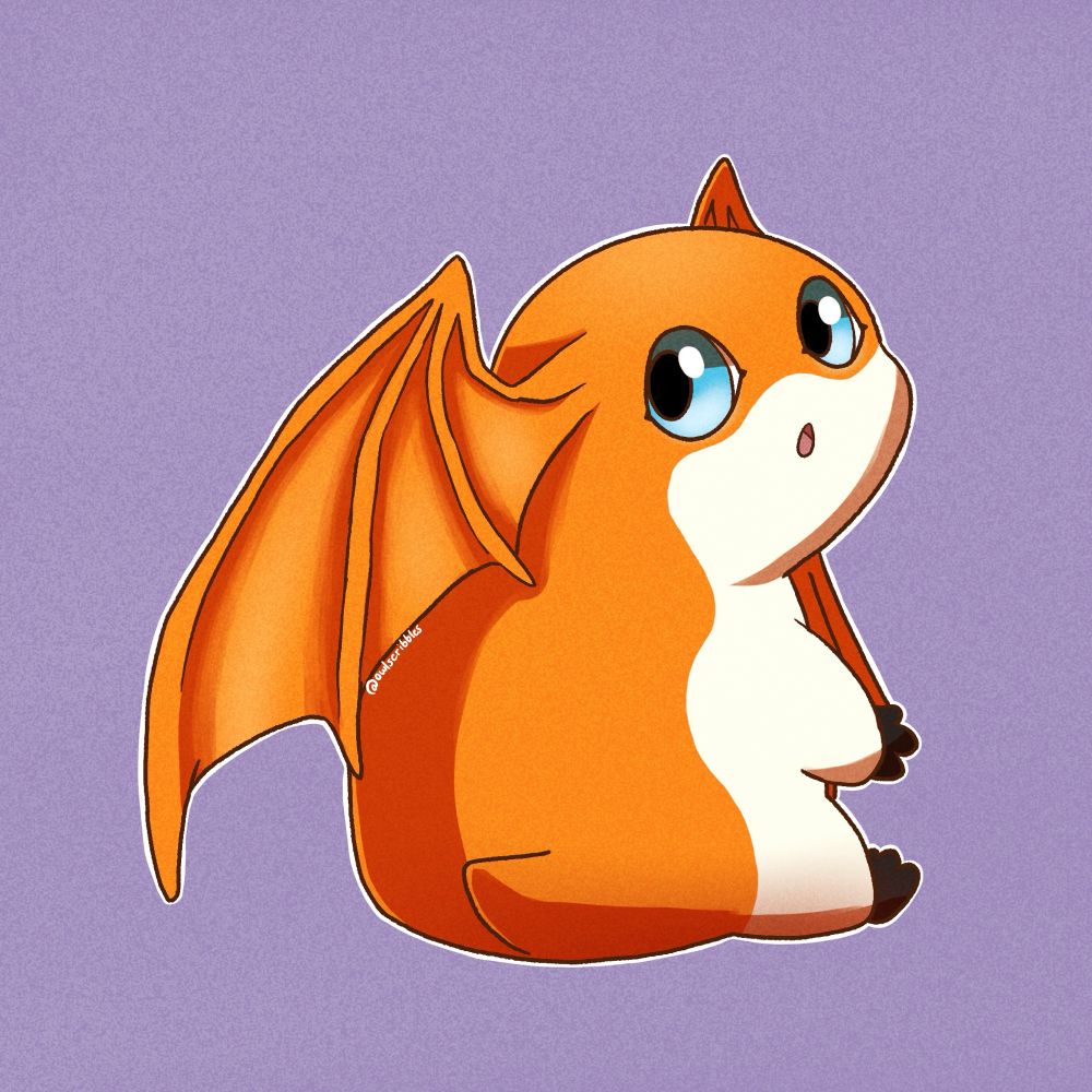 digital drawing of patamon from digimon. a creature that looks like a hamster with bat wings on its head. its back is orange and its belly and legs are white. it is sitting away from the viewer, looking back at them, seeming a little shy. 