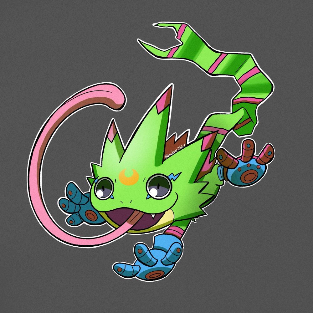 gekkomon, a lizardlike digimon with a long tongue and sticky gloves on its hands and feet. it has three long spikes on its head and a long ribbonlike tail. it is pouncing as if chasing something. 