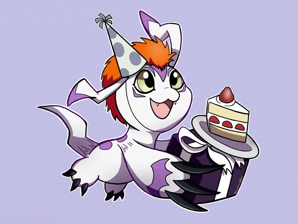 digital art of gomamon from digimon wearing a party hat, and carrying a gift with a plate holding a slice of cake on top 