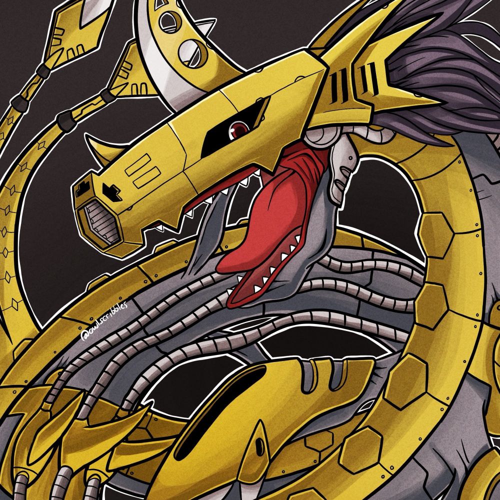 metalseadramon from digimon. it is coiled up and looking at the viewer with its mouth open, as if ready to attack.