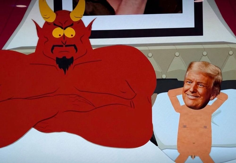 An animated giant red Satan sits topless in bed with a naked Donald Trump, who has a tiny penis