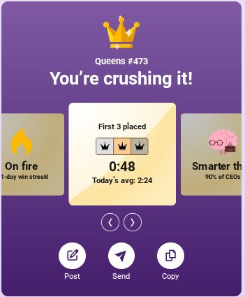 Screenshot of Queens on LinkedIN showing time of 0:48 with an average of 2:24