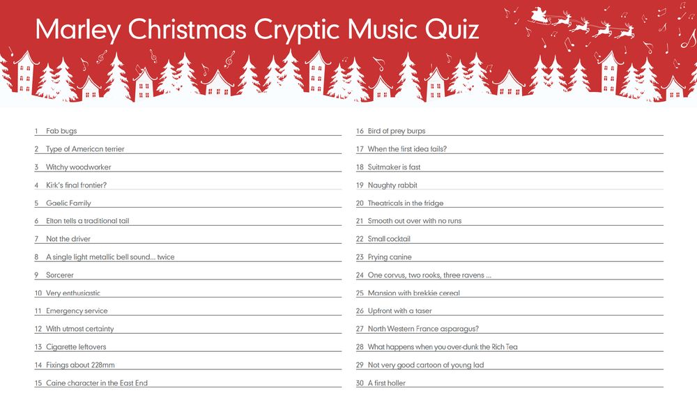 Marley Christmas Cryptic Music Quiz sheet, featuring a festive red header with white silhouettes of trees, reindeer, and snowflakes. The quiz includes 30 questions, listed in two columns, related to music with a cryptic twist.
