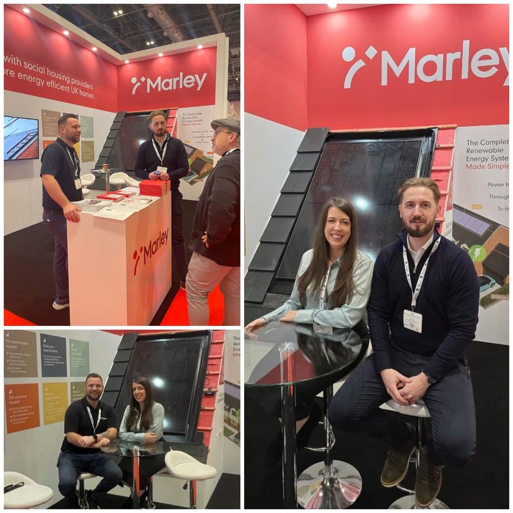 Collage of three images at a Marley exhibition booth. Top left image shows three attendees engaging in conversation by a display. Bottom left image and right image feature two attendees seated and smiling at the camera, with promotional materials visible in the background.