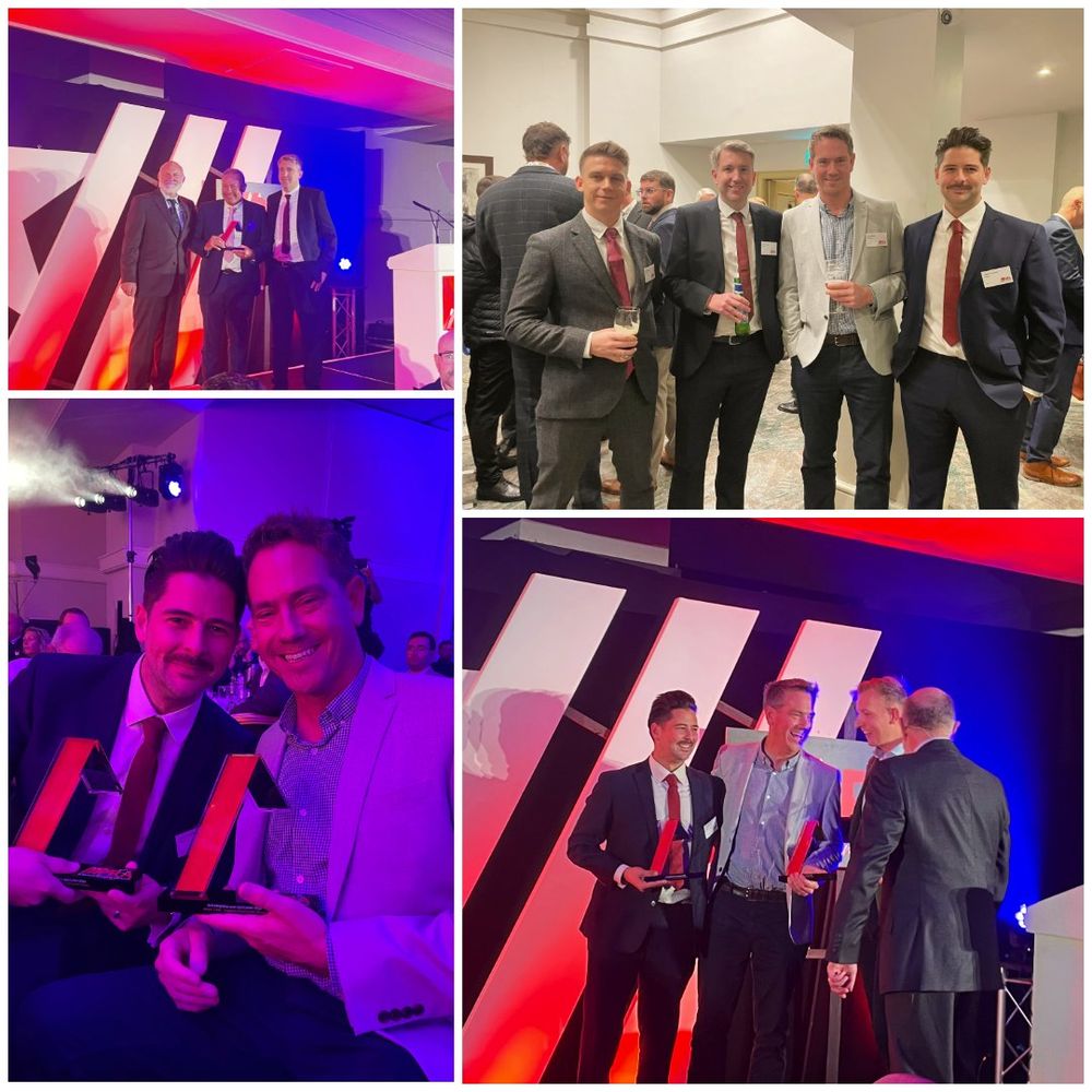 Collage of images from an awards ceremony featuring attendees in formal attire, interacting and holding awards, set against a backdrop with the distinctive red and white design.