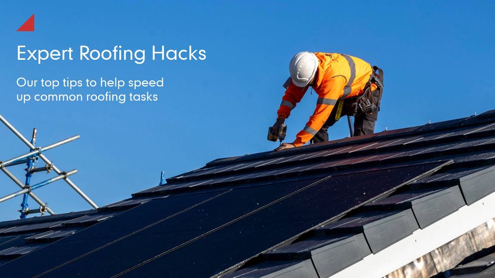 Worker in orange safety gear installing a ridge on a steep roof under a clear sky, accompanied by the text 'Expert Roofing Hacks: Our top tips to help speed up common roofing tasks.'