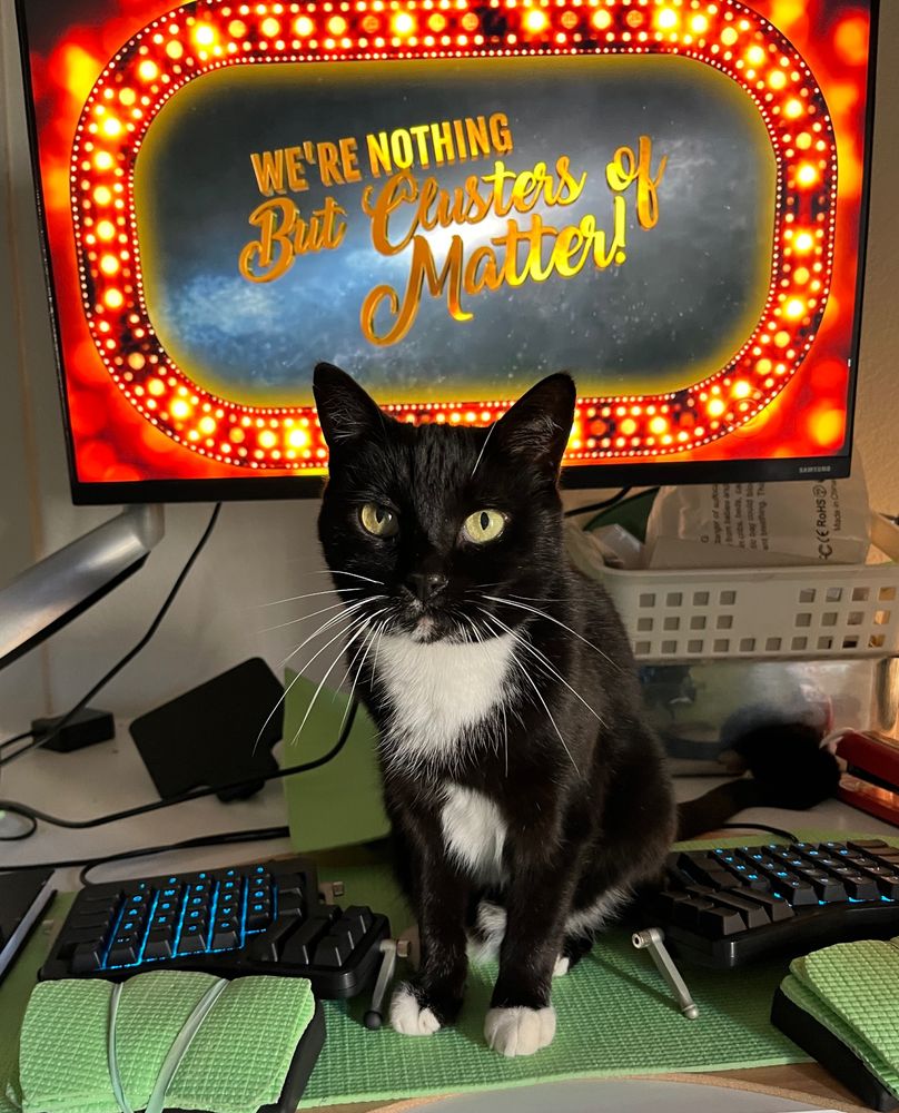 A black and white cat is sitting between two halves of a split keyboard, which is resting on a piece of green yoga mat. The monitor behind him says "we're nothing but clusters of matter" in the style of an old-timey theater marquee.