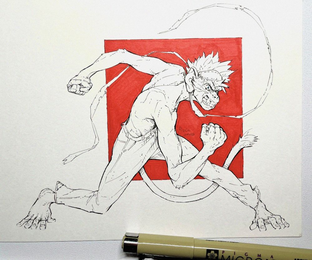 a traditional drawing of my original character Hudson. 
He's sort of in a twisty action pose, knees bent and with one arm held low with his fist angled forward. 
his headband is flowing around him as well. 