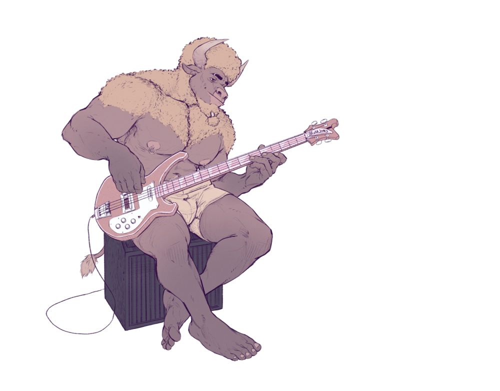 A bison man playing a 4 string bass guitar while sitting on an amp. 