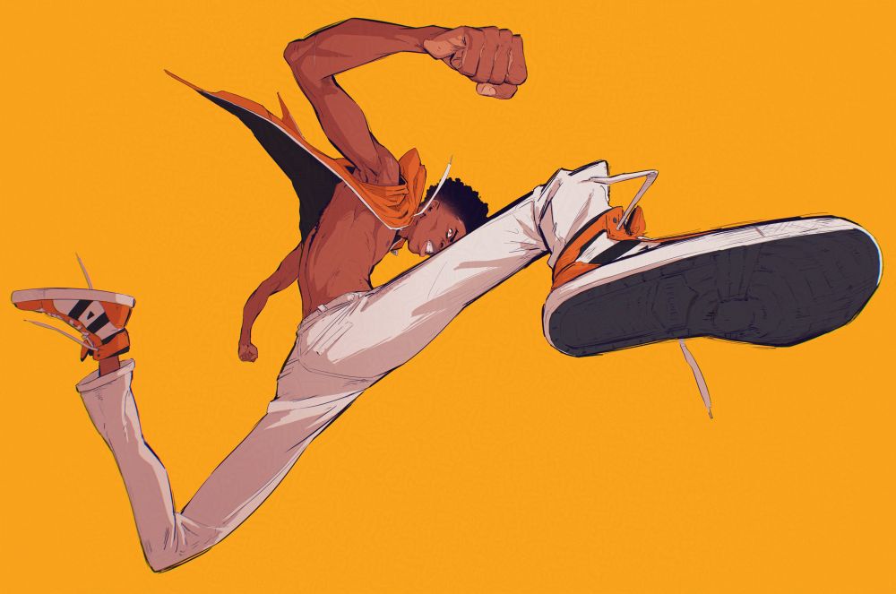 A repost of a drawing I did of my OC Sidca. 
He’s lunging forward in a distorted perspective. His yellow sleeveless hoodie buffeted by the wind rushing past him. 
He’s a strong grimace on his face as if about to enter combat. 

He’s probably one of my favorite OCs and I probably should draw him some more. 
