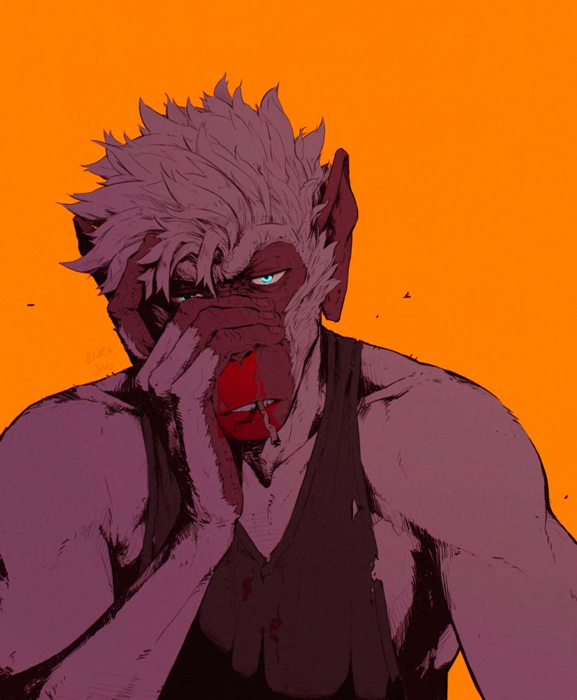 A stylized drawing of my humanoid bonnet macaque OC Hudson. 
He’s facing the camera looking exhausted and quite annoyed. Blood spills from his nose as he holds his hand over the top of his snout. 

I tried something a little new with my lines, trying to be a bit bolder with the shadows using solid blacks. Still something I think I need to work on but I like how this came out. 