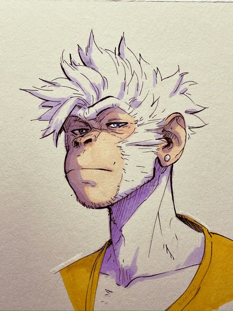 A rough portrait drawing of my humanoid bonnet macaque OC Hudson (only rough cause I’m not used to paper as a medium haha) giving some side eye. 