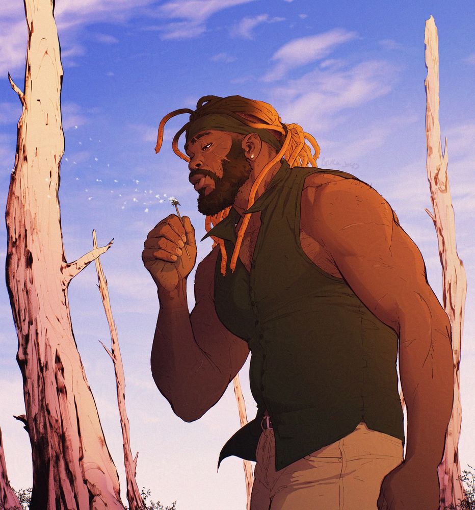 A drawing of my OC Eunicio, originally created in collaboration with my friend Hugo Damas. 
He is standing around a few dead trees with some sparse foliage growing up from their bases. 
we see him from his upper thigh on up, one hand held is holding a dandelion as be blows it's seeds and makes a silent wish to him self - the sun at his back. 