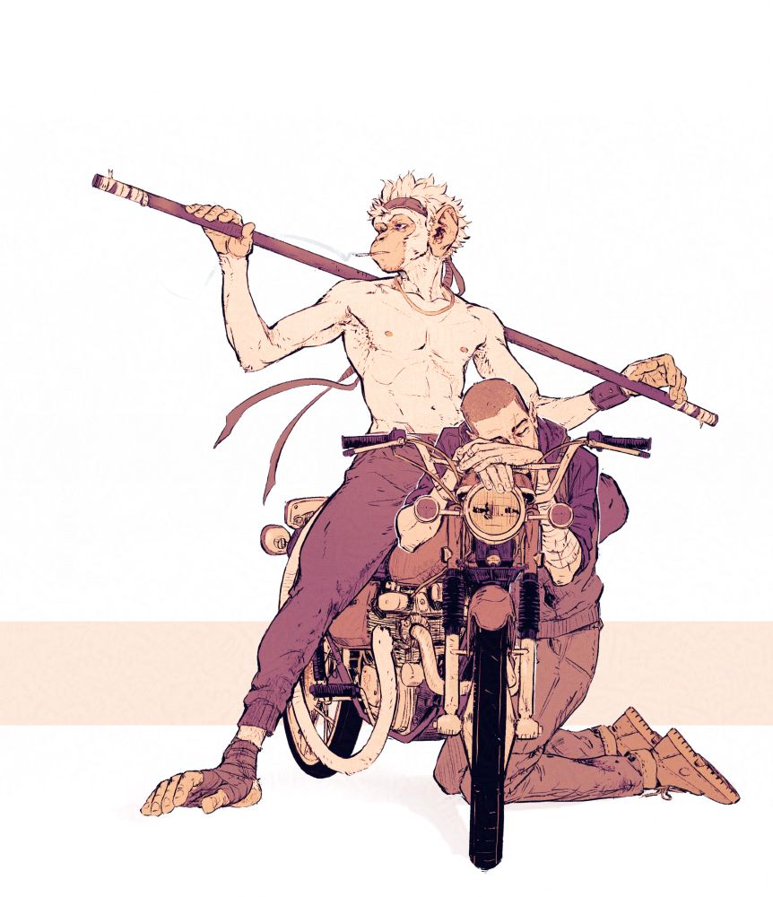 My humanoid macaque OC Hudson sitting on an old motorcycle and my OC Quill resting on the handlebars while kneeling on the ground beside the bike. 
Hudson has a long staff resting on his shoulders, keeping it in place with a relaxed grip from both arms. 