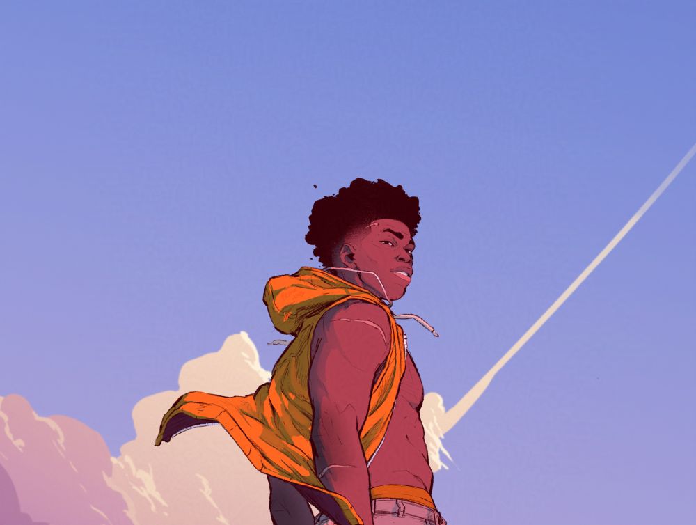 My OC Sidca! 
He’s visible from the wait up against a bright blue morning sky, with puffy, almost creamy, pink and golden clouds. 