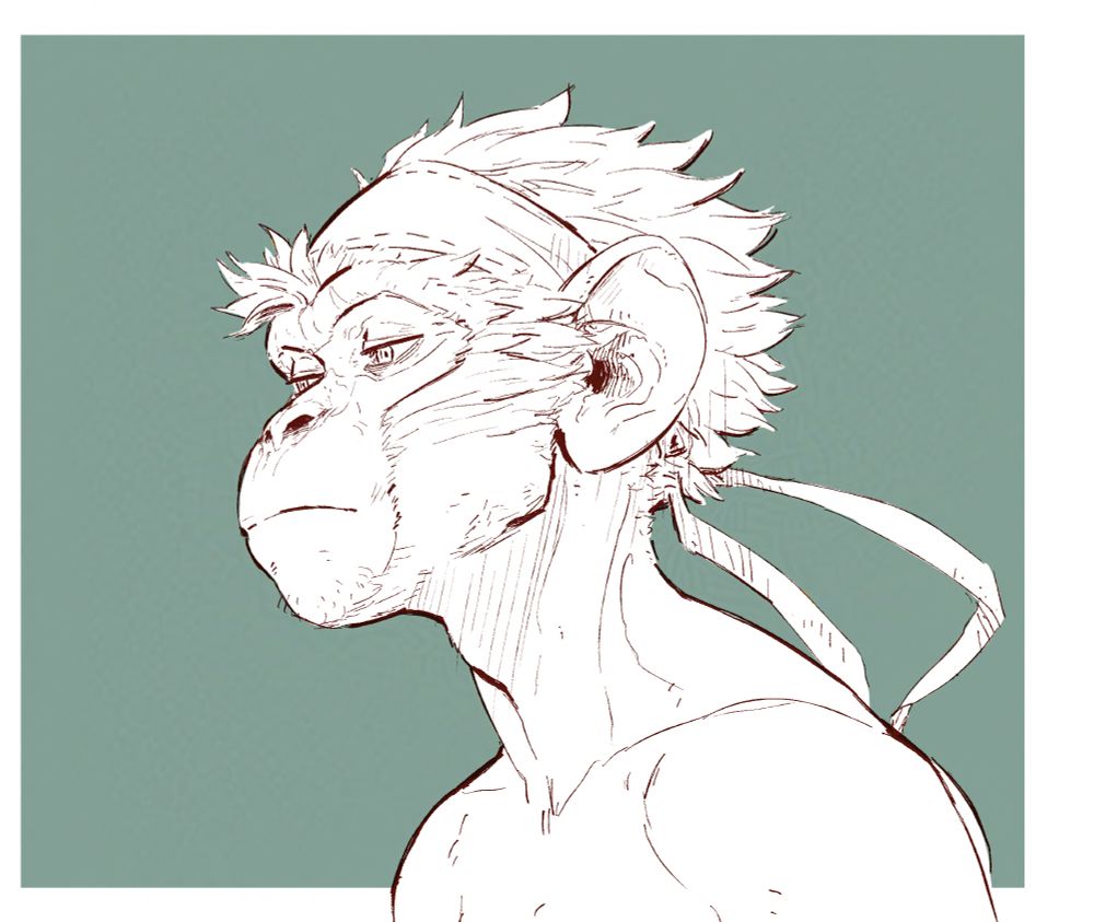 quick portait drawing of my macaque OC Hudson that i did with a kind of scratchy looking ink brush. 
the image is in a three quarters view and he has a neutral expression. 