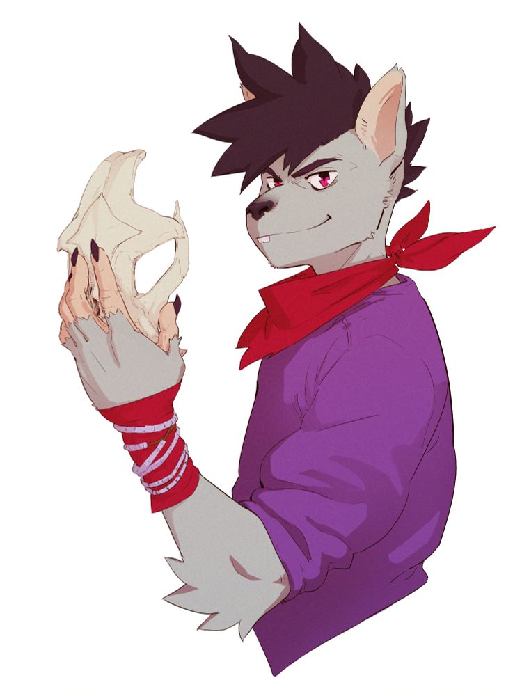 A stylized drawing of @deludedchimera's OC havoc. 
i drew this one in a slightly different style than normal as a fun challenge. 
In the image we see a humanoid rat boy with purplish red eyes holding up the top half of a red panda skull mask in one hand. 
he is standing to the side and wearing a purple sweater, a red bandanna tied around his neck, and some red cloth wrapped around his wrist along side some light purple beaded bracelets over the top of it. 