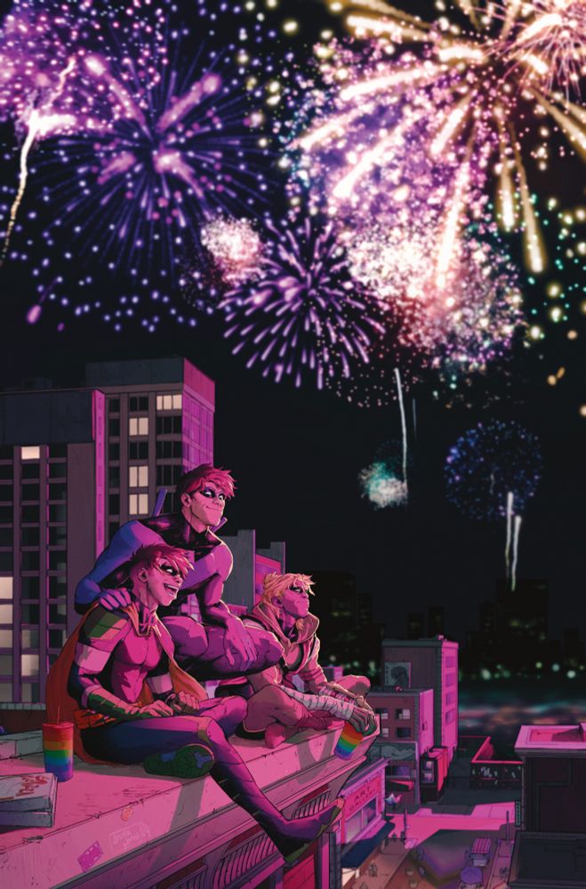 An image I drew for DC pride 2024 for Nightwing!
The image features the man himself, Tim Drake, and Connor Hawke sitting on a ledge watching fireworks together. ✨