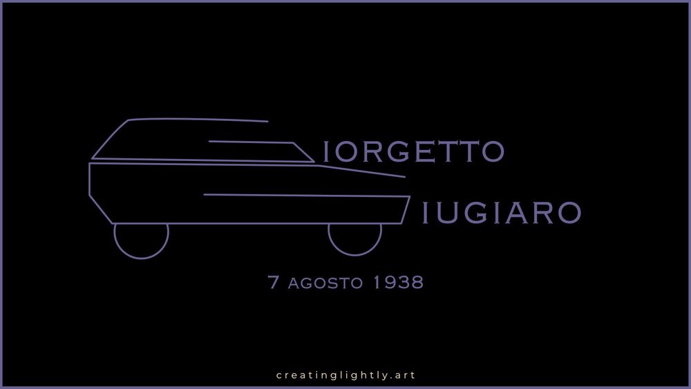 Simple illustration of a Fiat Panda stylised into two letters G that next to it have letters. Together they spell the name "Giorgetto Giugiaro".

Under that, the date "7 agosto 1938" (August 7th 1938) which is Giorgetto Giugiaro's day of birth.