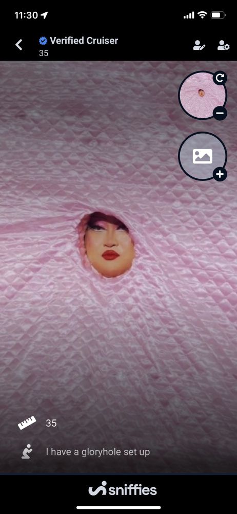 Joella looking cunty in her quilted gloryhole that’s now my Sniffies profile