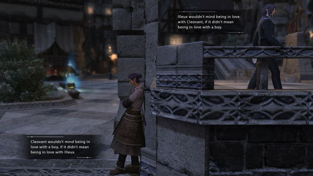 A gpose split in half, on the upper left a well dressed blue haired elezen man walks away with the quote "Illeux wouldn't mind being in love with Cleovant, if it didn't mean beaing in love with a boy." On the lower left, a purple haired elezen blacksmith leans against a wall accompanied by the quote "Cleovant wouldn't mind being in love with a boy, if it didn't mean being in love with Illeux."