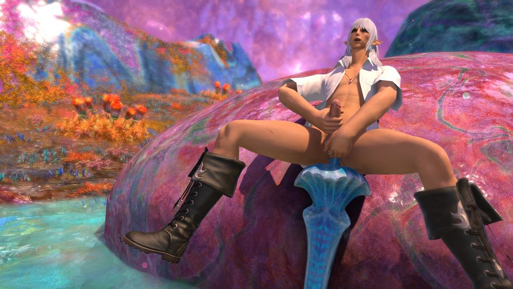 A gpose of Estinien being fucked by a blue plant like tentacle on Phaenna. He is being pushed up against a rock, lifted from the ground by the tentacle fucking him. He is both jerking himself in one hand and reaching to the tentacle in his ass with his other hand.