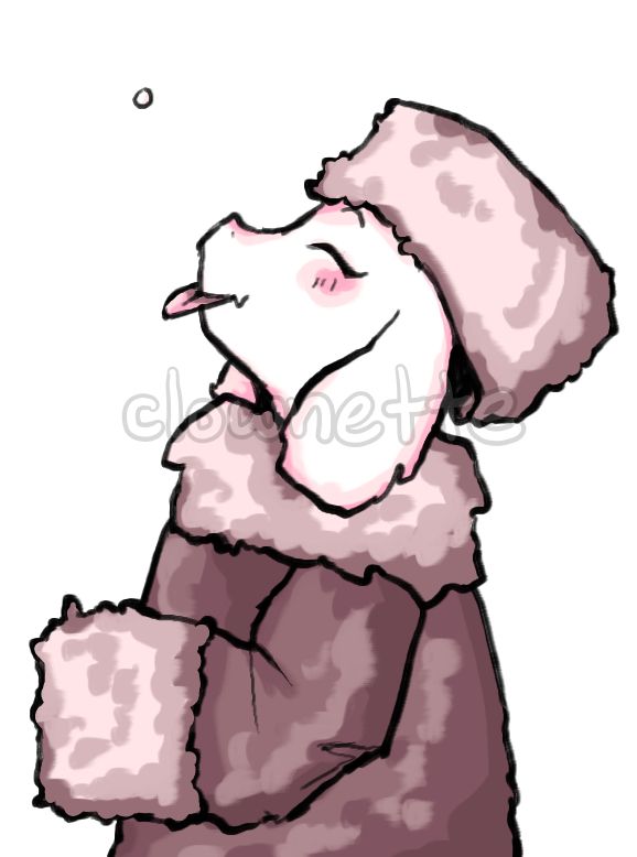 toriel from undertale dressed up in winter clothing. she is trying to catch a snowflake on her tongue 