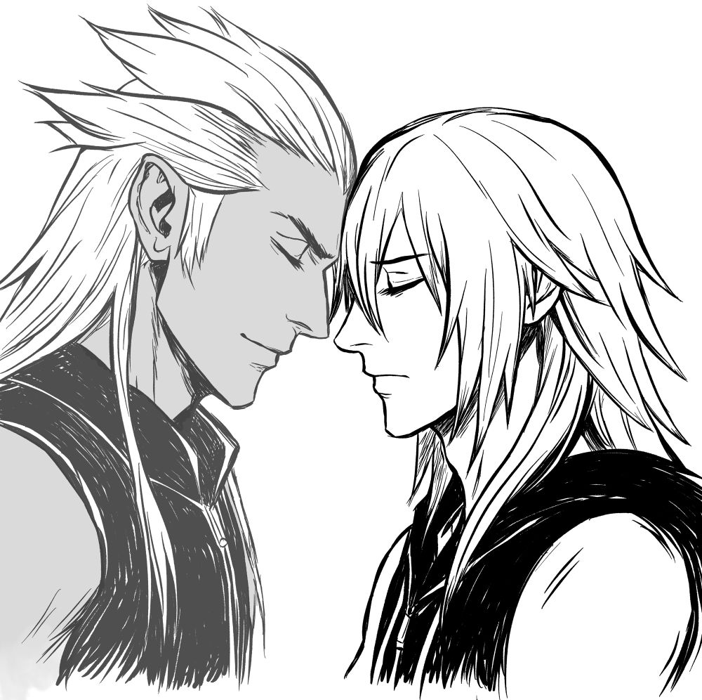Black and white line art of two characters from Kingdom Hearts, Ansem Seeker of Darkness and Riku, gently touching foreheads with eyes closed. Ansem’s skin is shaded in gray with a calm, serene expression, while Riku appears solemn and introspective. Both have long, flowing hair and wear sleeveless hooded garments. The scene conveys a sense of emotional intimacy and quiet understanding.