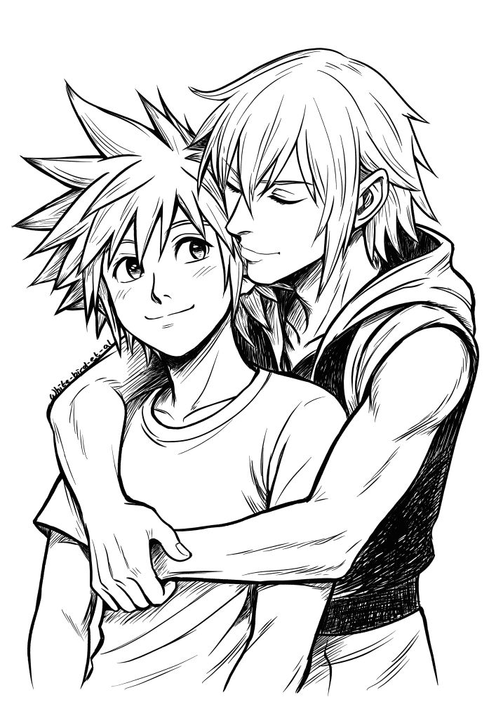 Sketch of Sora and Riku from Kingdom Hearts. Sora is smiling and blushing while being hugged from behind by Riku. Riku wears a simple hooded vest and Sora wears a simple shirt