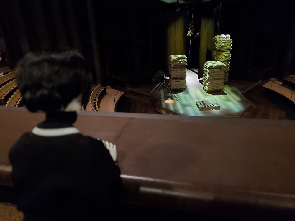 BJD Verti posing in front of a stage where As You Like It was performed.