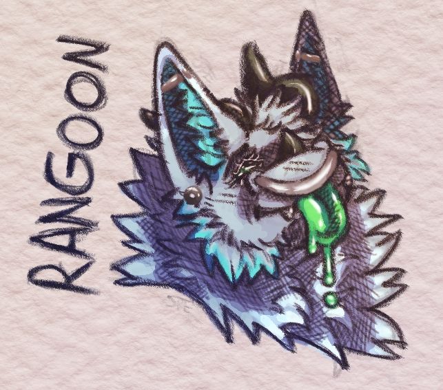 Rangoon written on the side. A blue dragon with 3 shades of blue and green eyes and tongue. A feont view of the dragon sticking out his tongue.