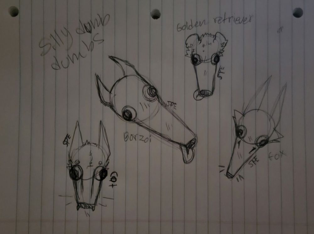 4 oen sketches on luned paper of a cat, borzou, golden retriever and fox in the "didn't I do it for you" style(basically witha duper elongated nose)