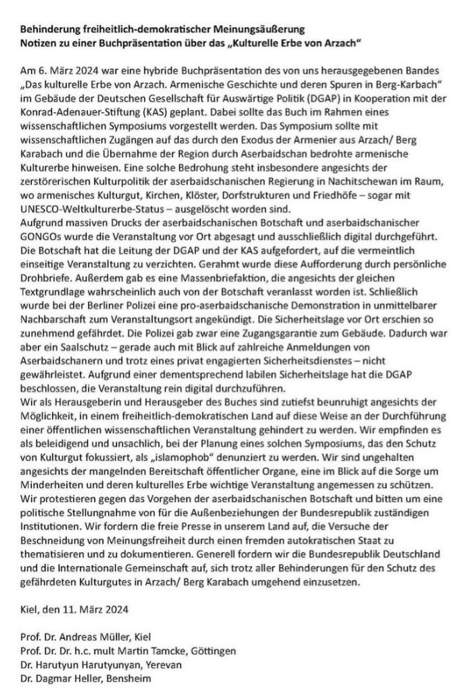 Offener Brief bezüglich der nicht stattfinden könnenden Veranstaltung über das „Kulturelle Erbe von Arzach“.