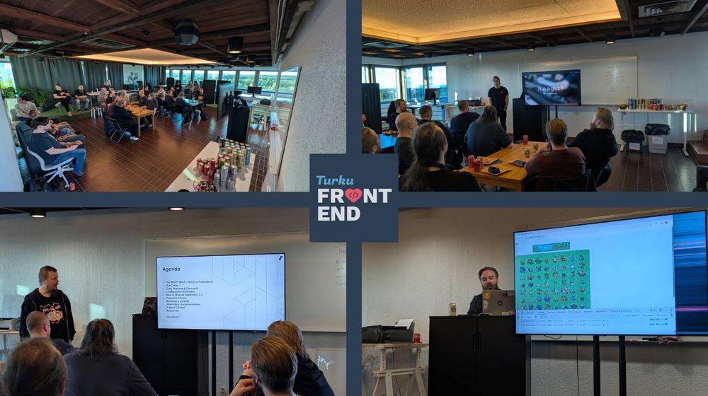 Four photo collage with top row photos showing an audience sitting around in tables and sofas around an office space listening to presentations and in the bottom row, two pictures of men presenting technical presentations.