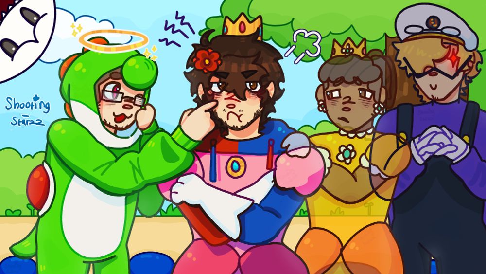 A digital drawing of GG-Gabriel Gaming, Fyrus, Jaymoji, and Failboat. Gab's dressed up as Yoshi, fyrus as peach, jay as daisy (and he's a ghost) and fail as waluigi. 