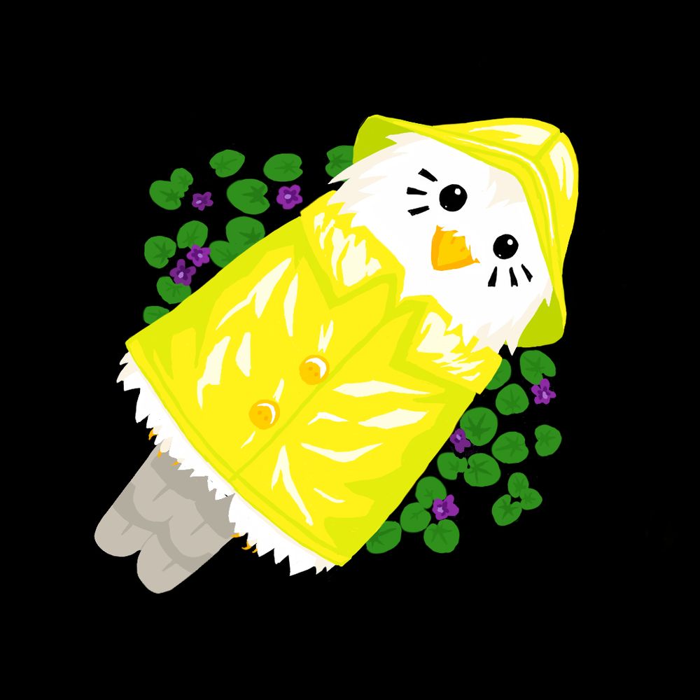 a digital artwork of a stylised ural owl, dressed in a yellow vinyl sou’wester and raincoat, lying amongst a group of little purple violets