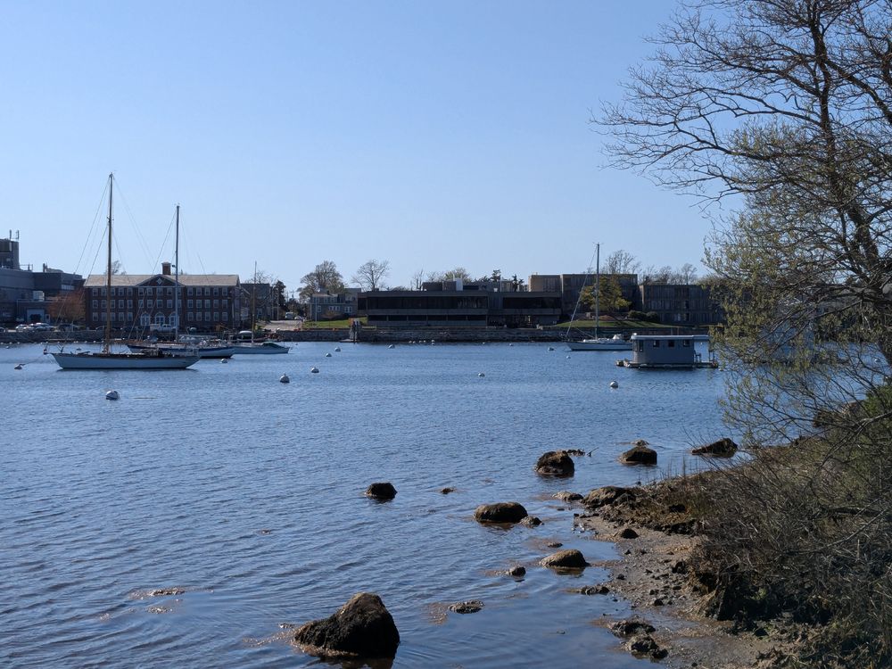 A landscape photo of a few buildings by the water.