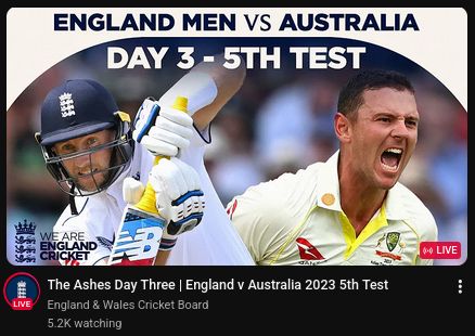 A Youtube card showing a live stream of England vs. Australia cricket.

From 2023.