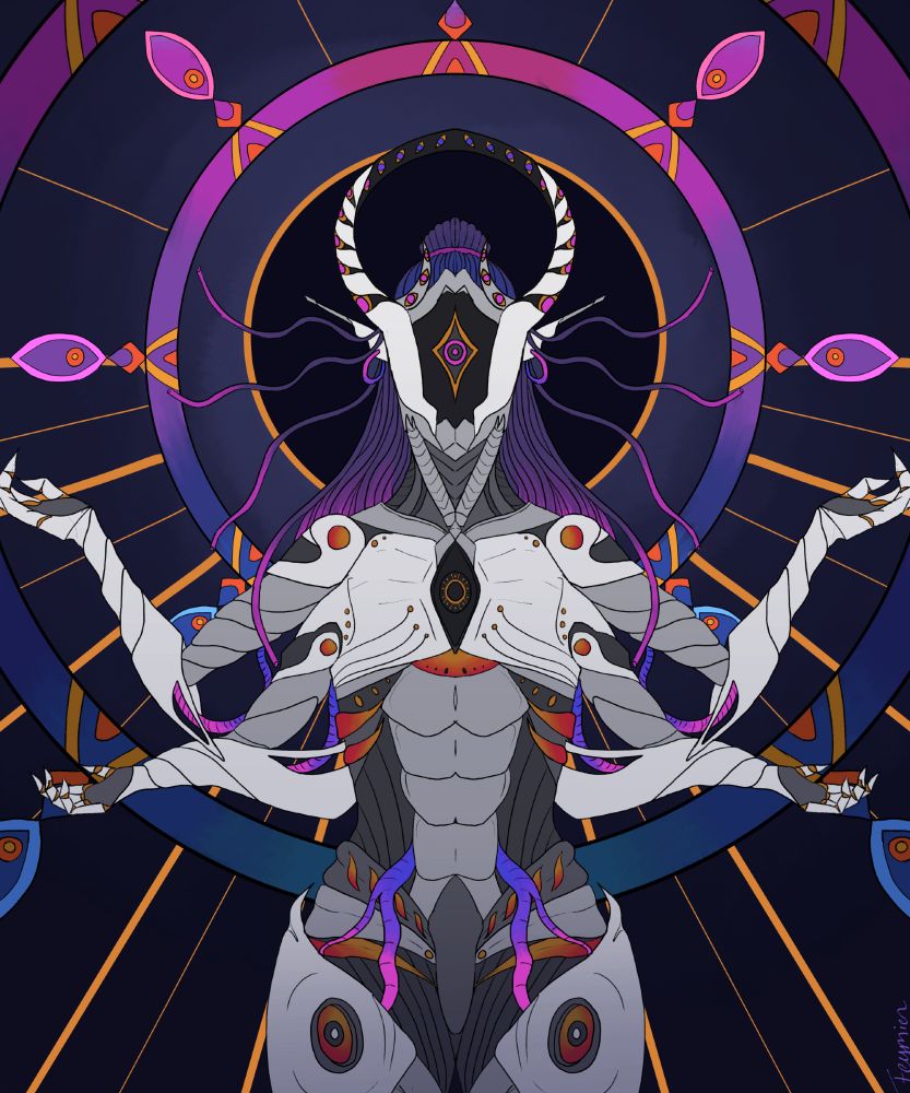 Symmetrical Tarot Card Illustration of Argyros, an aasimar warforged. He is made up of grey and white metal parts, decorated with golden embellishments and connected by pink and purple tubing. A pair of horns forms a halo above  their face, and his cable-like hair is floating around her face. Her two pairs of arms are raised to frame the two haloes in the back, and a golden glow is illuminating him from behind.